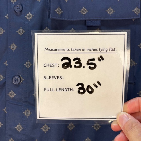 Voyager Men's Compass Print Button Shirt Navy Blue Recycled Stretch Sz L - Picture 4 of 9